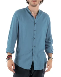 Camicia Uomo Collo Coreano Slim Fit Lino Tinta Unita Maniche Lunghe Avio GIOSAL-C2884A