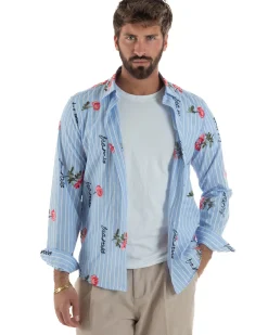 Camicia uomo collo francese cotone ricamo floreale rigata celeste BlackSunday-C3080A
