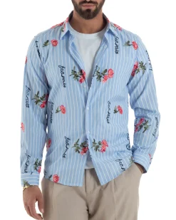 Camicia uomo collo francese cotone ricamo floreale rigata celeste BlackSunday-C3080A