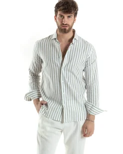 Camicia Uomo Collo Francese Lino Riga Stretta Verde C2749A