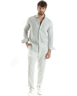Camicia Uomo Collo Francese Lino Riga Stretta Verde C2749A