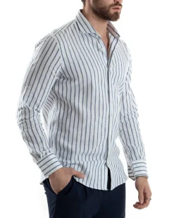 Camicia Uomo Collo Francese Lino Riga Stretta Blu C2748A