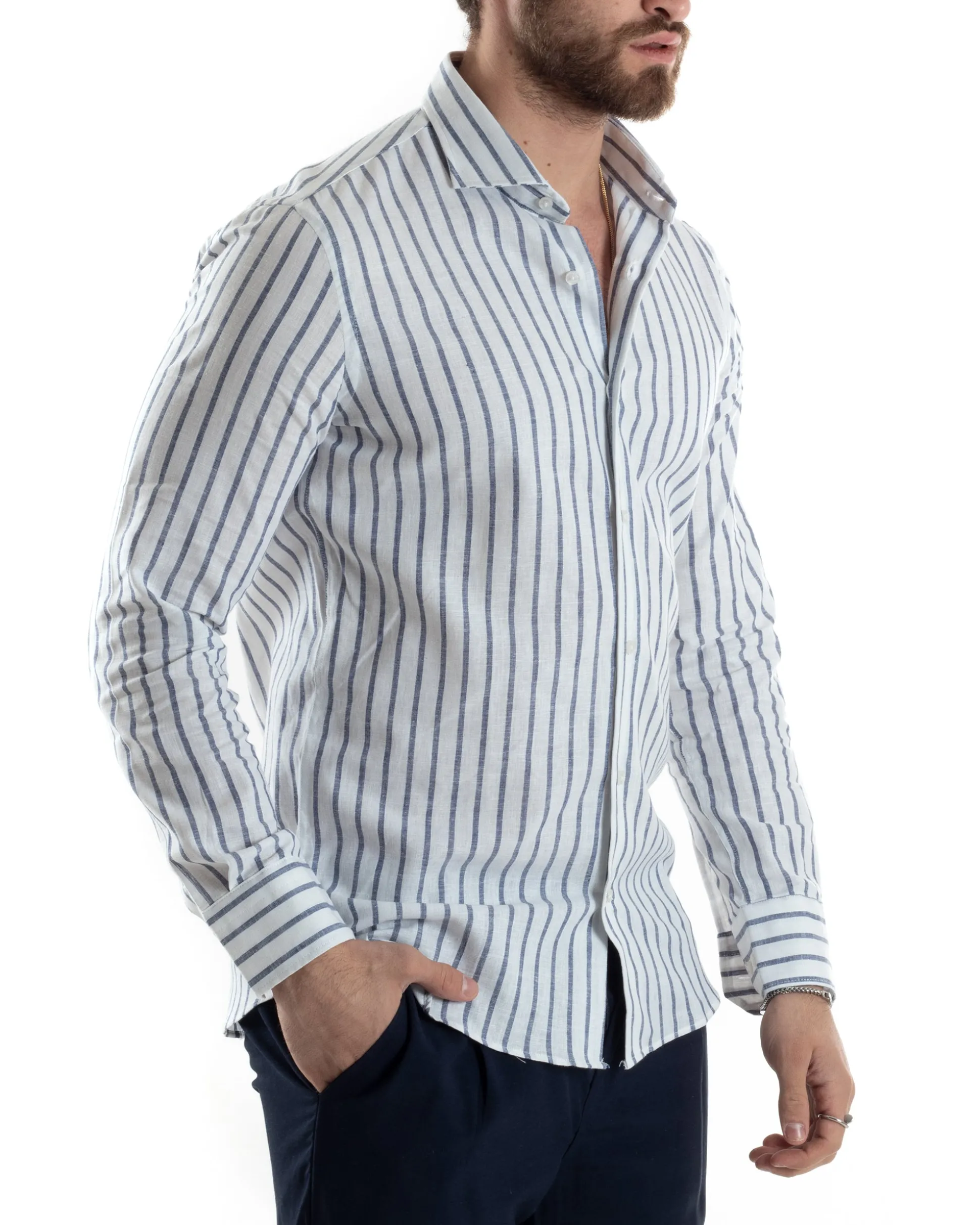 Camicia Uomo Collo Francese Lino Riga Stretta Blu C2748A