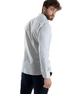 Camicia Uomo Collo Francese Lino Riga Stretta Blu C2748A