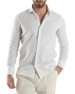 Camicia Uomo Collo Francese Lino Riga Stretta Beige C2750A