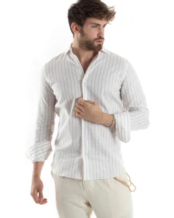 Camicia Uomo Collo Francese Lino Riga Stretta Beige C2750A