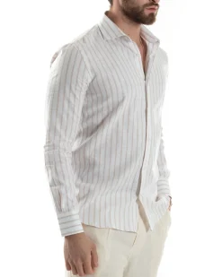 Camicia Uomo Collo Francese Lino Riga Stretta Beige C2750A