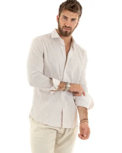 Camicia Uomo Collo Francese Sartoriale Lino Rigata Stretta Beige C2689A