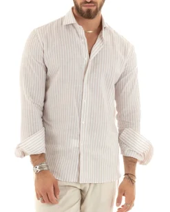 Camicia Uomo Collo Francese Sartoriale Lino Rigata Stretta Beige C2689A