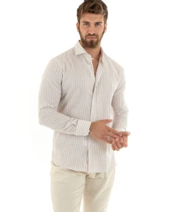 Camicia Uomo Collo Francese Sartoriale Lino Rigata Stretta Beige C2689A