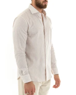 Camicia Uomo Collo Francese Sartoriale Lino Rigata Stretta Beige C2689A