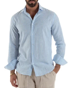 Camicia uomo collo francese sartoriale lino rigata stretta celeste GIOSAL-C3085A