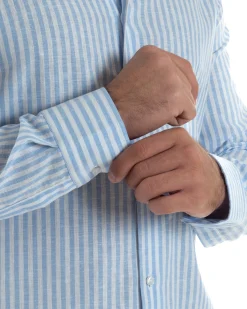 Camicia uomo collo francese sartoriale lino rigata stretta celeste GIOSAL-C3085A