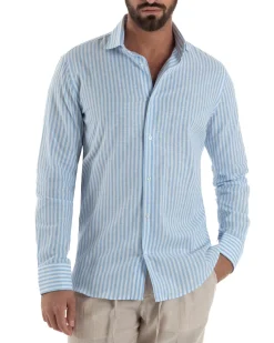 Camicia uomo collo francese sartoriale lino rigata stretta celeste GIOSAL-C3085A