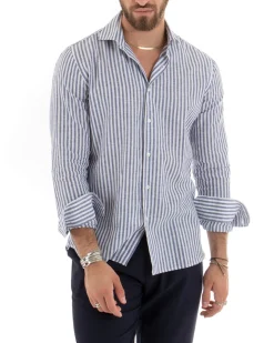 Camicia Uomo Collo Francese Sartoriale Lino Rigata Stretta Blu C2688A