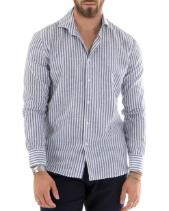 Camicia Uomo Collo Francese Sartoriale Lino Rigata Stretta Blu C2688A