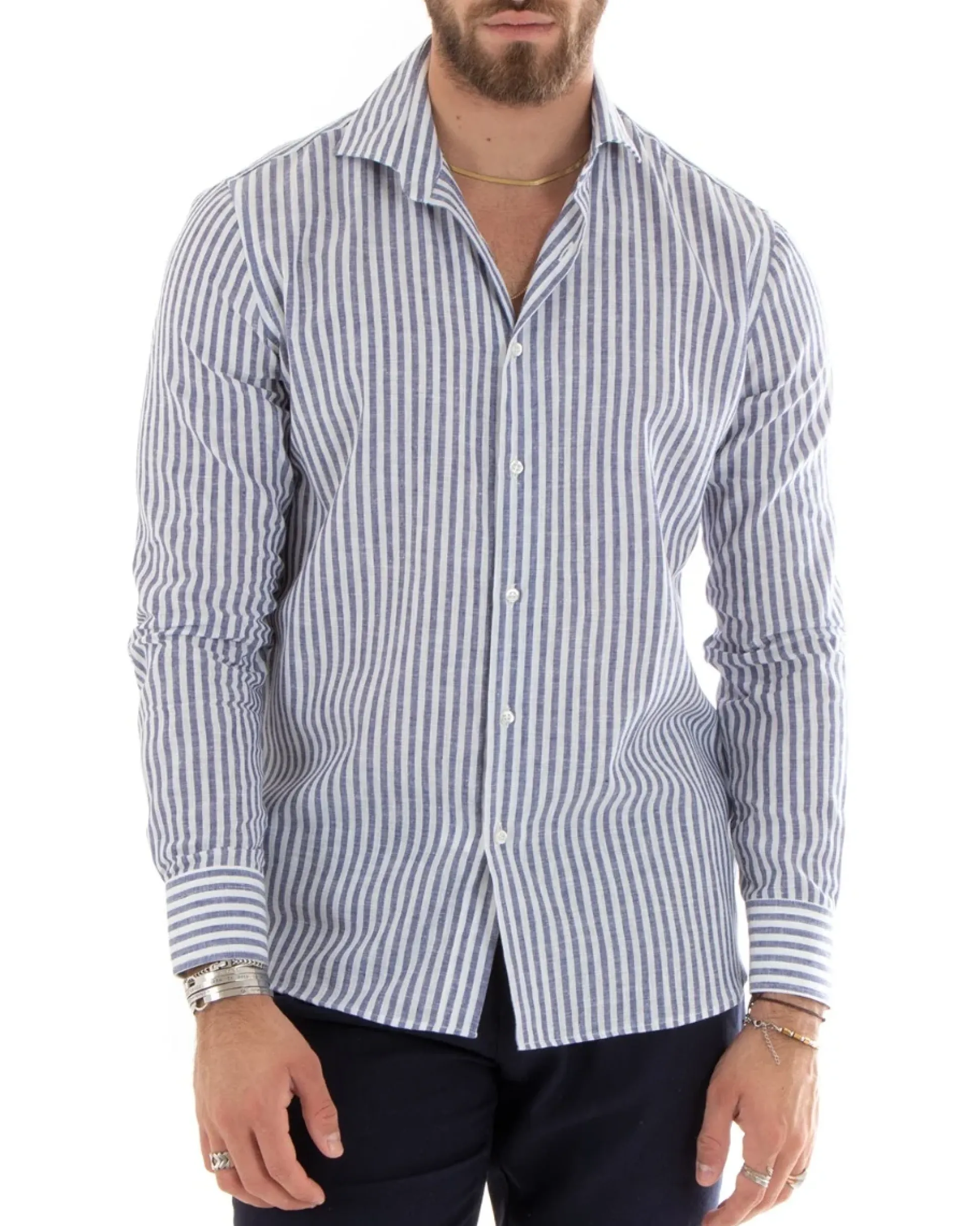 Camicia Uomo Collo Francese Sartoriale Lino Rigata Stretta Blu C2688A