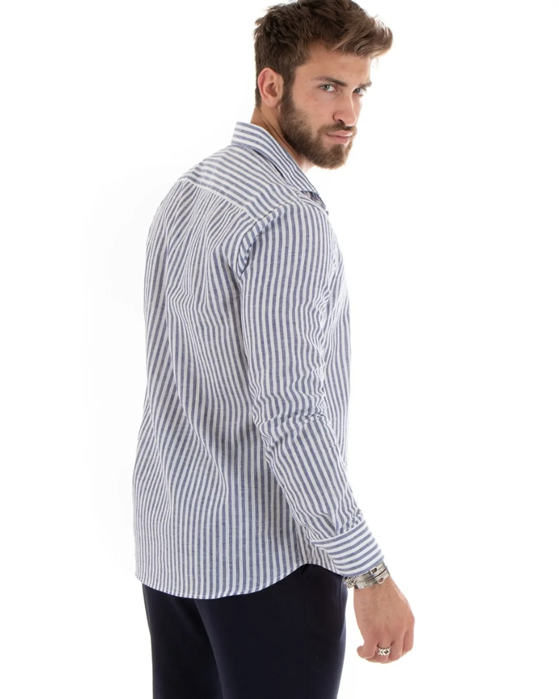 Camicia Uomo Collo Francese Sartoriale Lino Rigata Stretta Blu C2688A