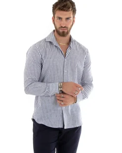 Camicia Uomo Collo Francese Sartoriale Lino Rigata Stretta Blu C2688A