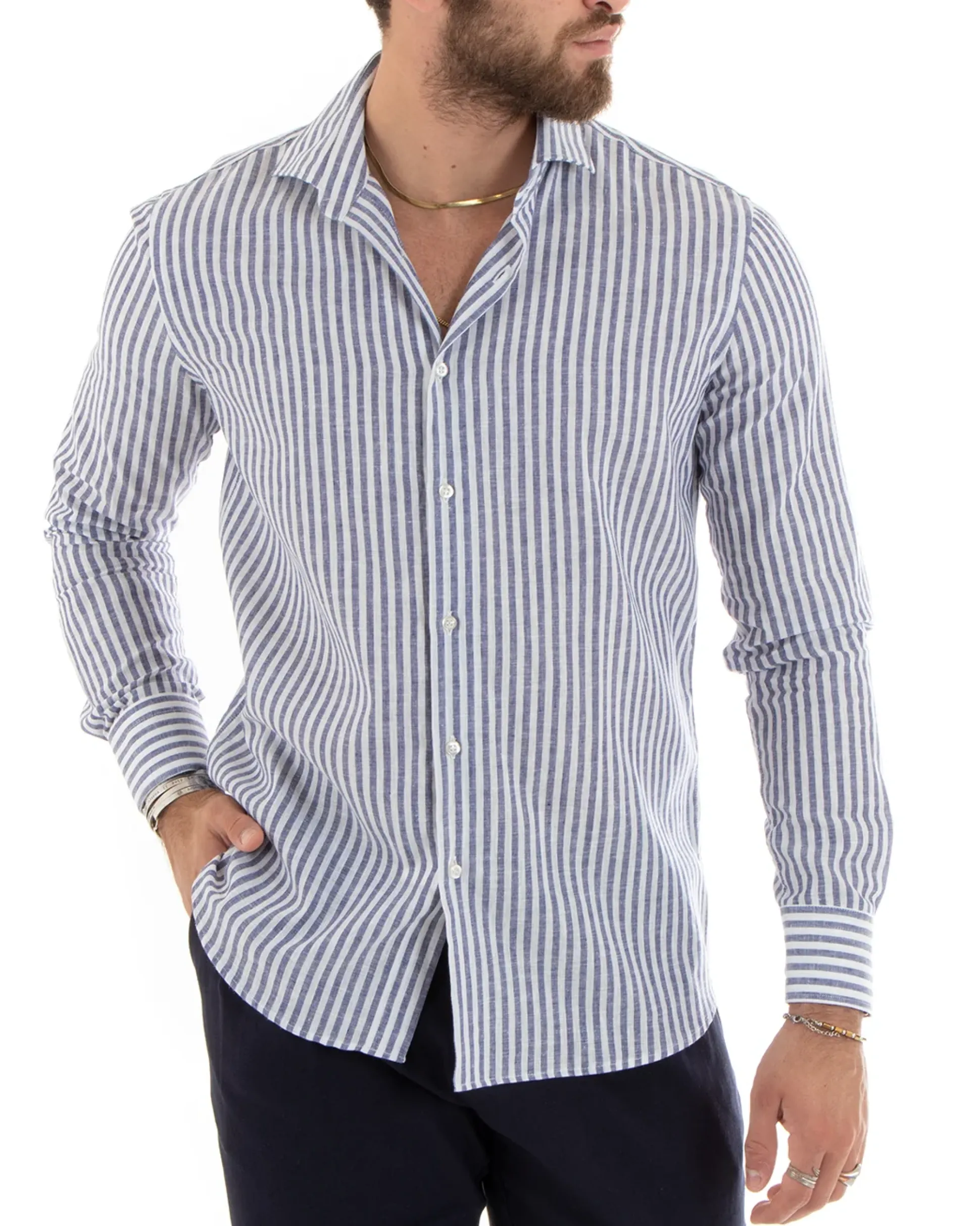 Camicia Uomo Collo Francese Sartoriale Lino Rigata Stretta Blu C2688A