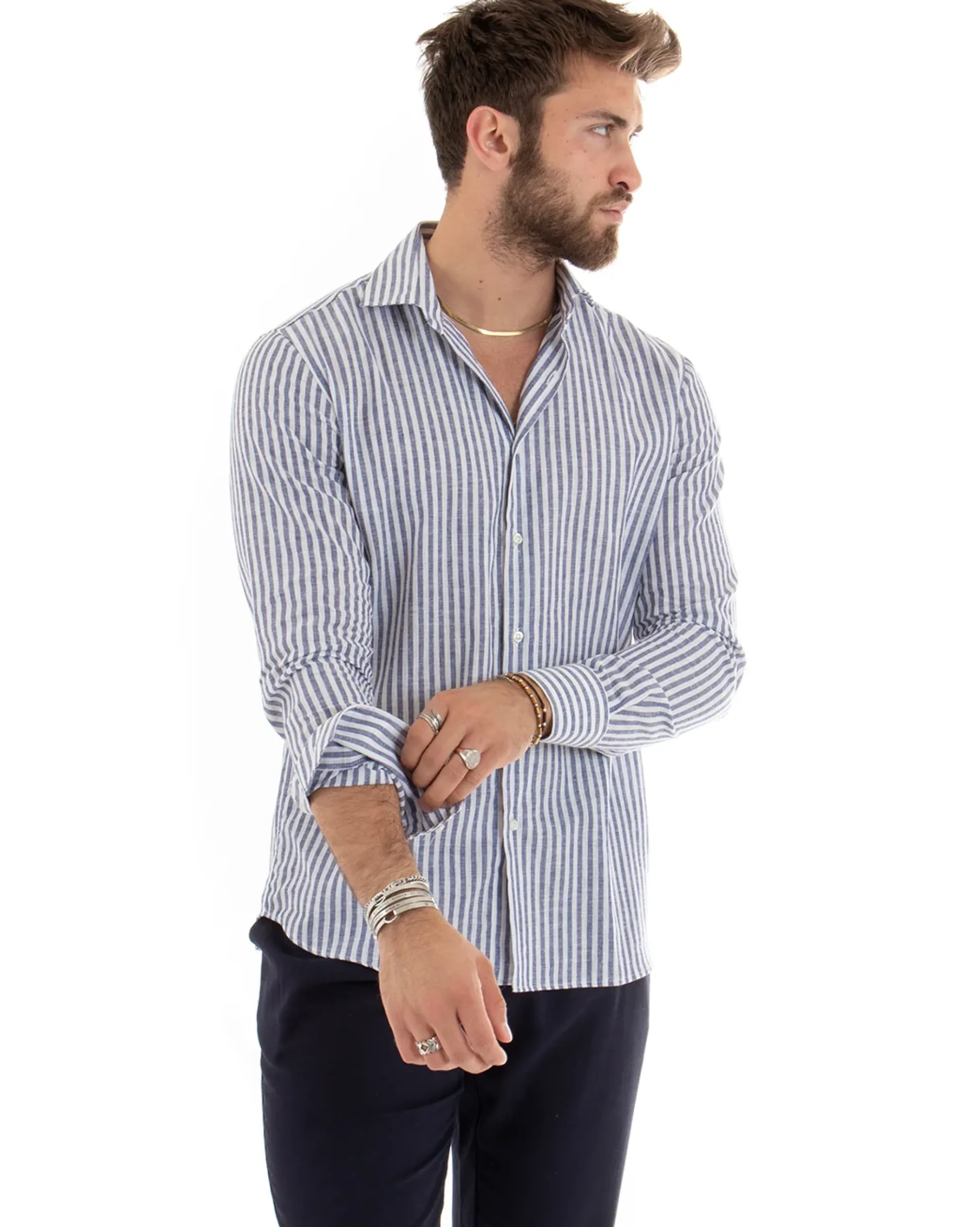 Camicia Uomo Collo Francese Sartoriale Lino Rigata Stretta Blu C2688A