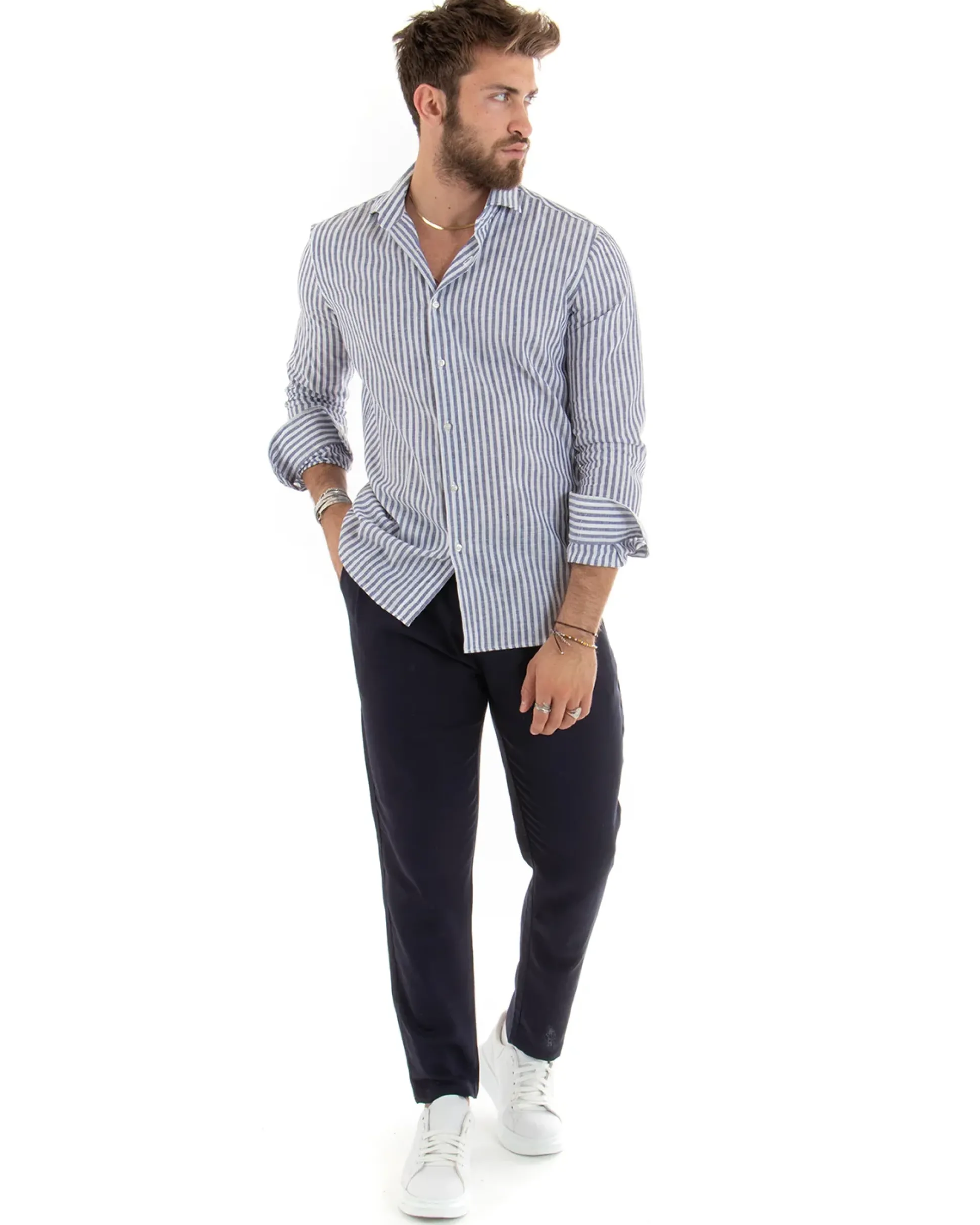 Camicia Uomo Collo Francese Sartoriale Lino Rigata Stretta Blu C2688A