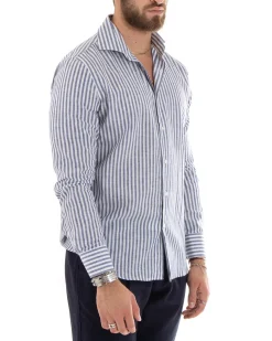 Camicia Uomo Collo Francese Sartoriale Lino Rigata Stretta Blu C2688A