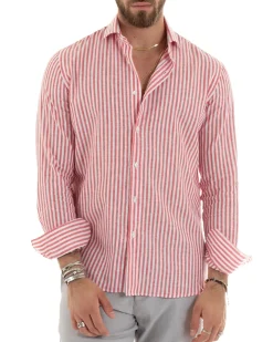 Camicia Uomo Collo Francese Sartoriale Lino Rigata Stretta Rosso C2690A