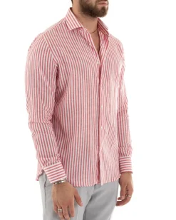 Camicia Uomo Collo Francese Sartoriale Lino Rigata Stretta Rosso C2690A