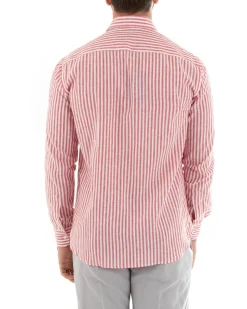 Camicia Uomo Collo Francese Sartoriale Lino Rigata Stretta Rosso C2690A