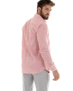 Camicia Uomo Collo Francese Sartoriale Lino Rigata Stretta Rosso C2690A