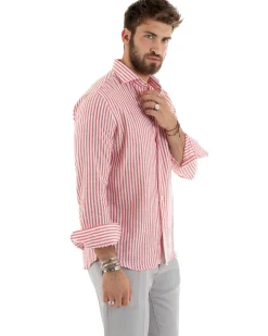 Camicia Uomo Collo Francese Sartoriale Lino Rigata Stretta Rosso C2690A