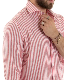 Camicia Uomo Collo Francese Sartoriale Lino Rigata Stretta Rosso C2690A