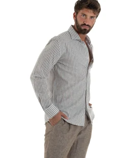 Camicia uomo collo francese sartoriale lino rigata stretta marrone GIOSAL-C3086A