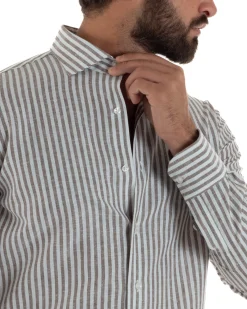 Camicia uomo collo francese sartoriale lino rigata stretta marrone GIOSAL-C3086A