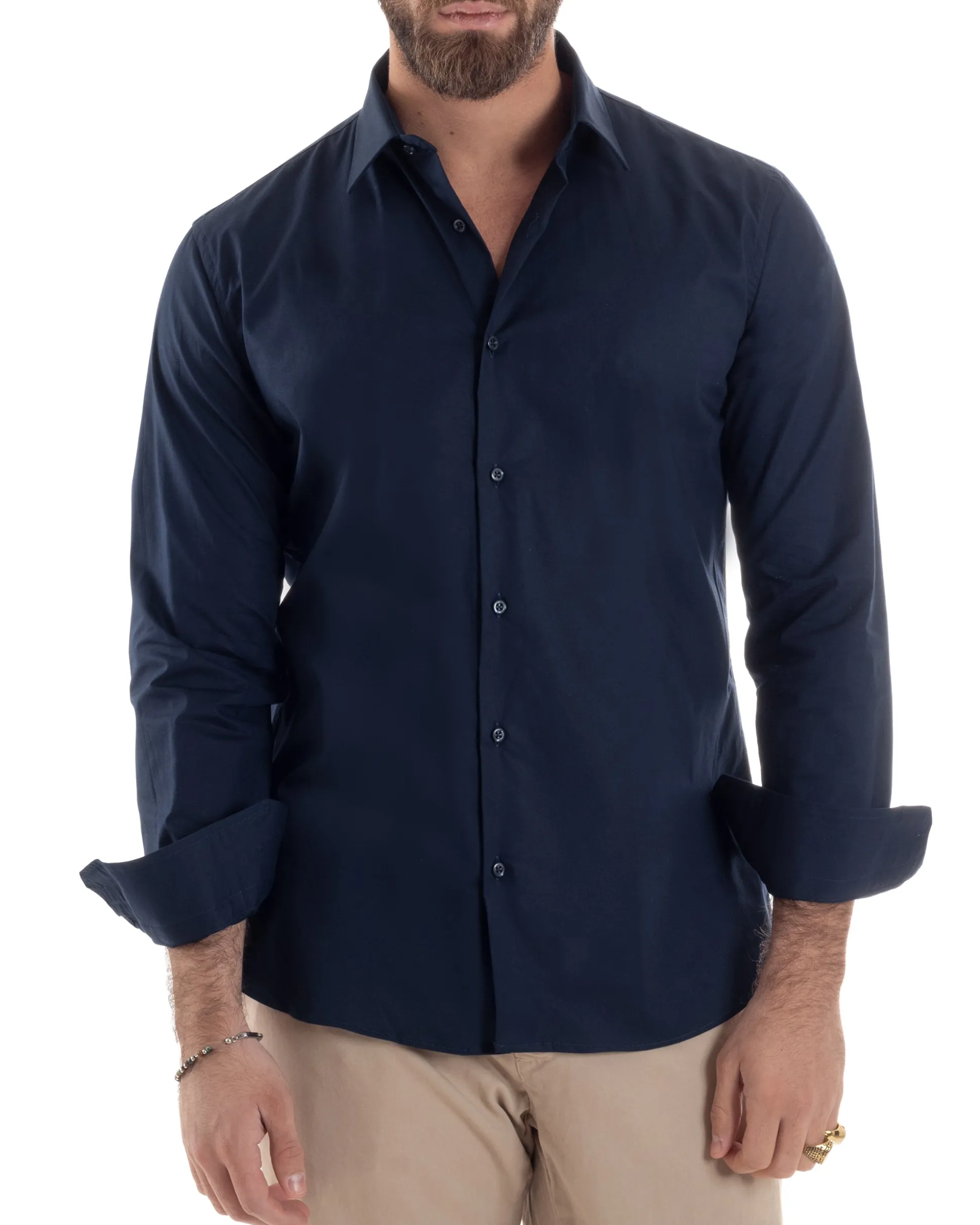 Camicia Uomo Con Colletto Francese Cotone Basic Sartoriale Slim Fit Blu C2948A