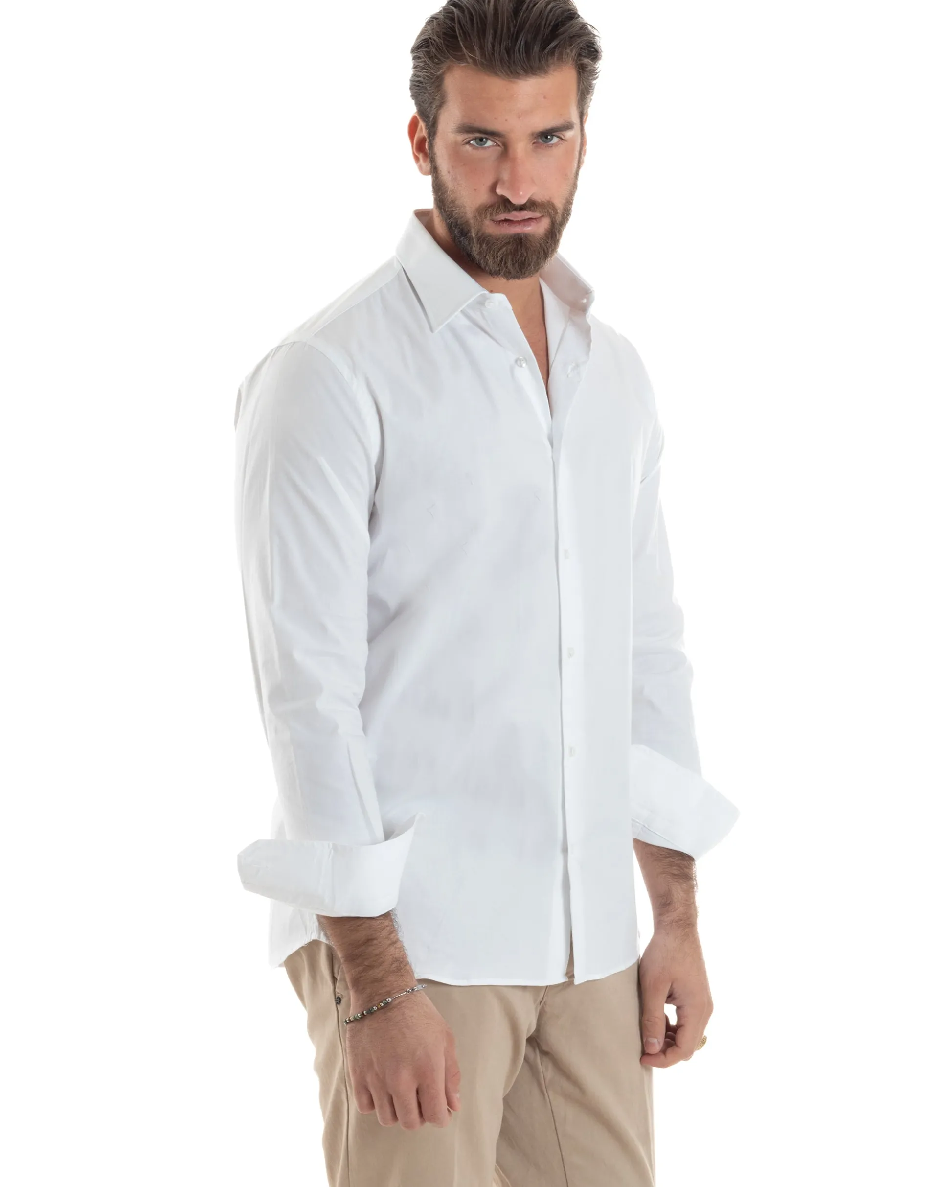Camicia Uomo Con Colletto Francese Cotone Basic Sartoriale Slim Fit Bianco C2944A