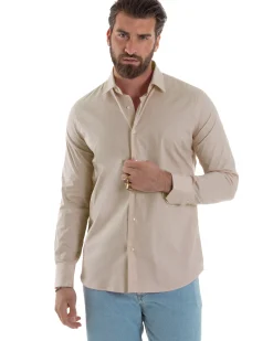 Camicia Uomo Con Colletto Francese Cotone Basic Sartoriale Slim Fit Beige C2947A