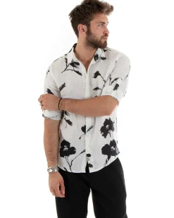 Camicia Uomo Con Colletto Manica Lunga Lino Morbida Leggera Floreale Bianco GIOSAL-C2706A