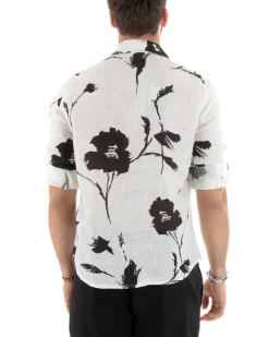 Camicia Uomo Con Colletto Manica Lunga Lino Morbida Leggera Floreale Bianco GIOSAL-C2706A