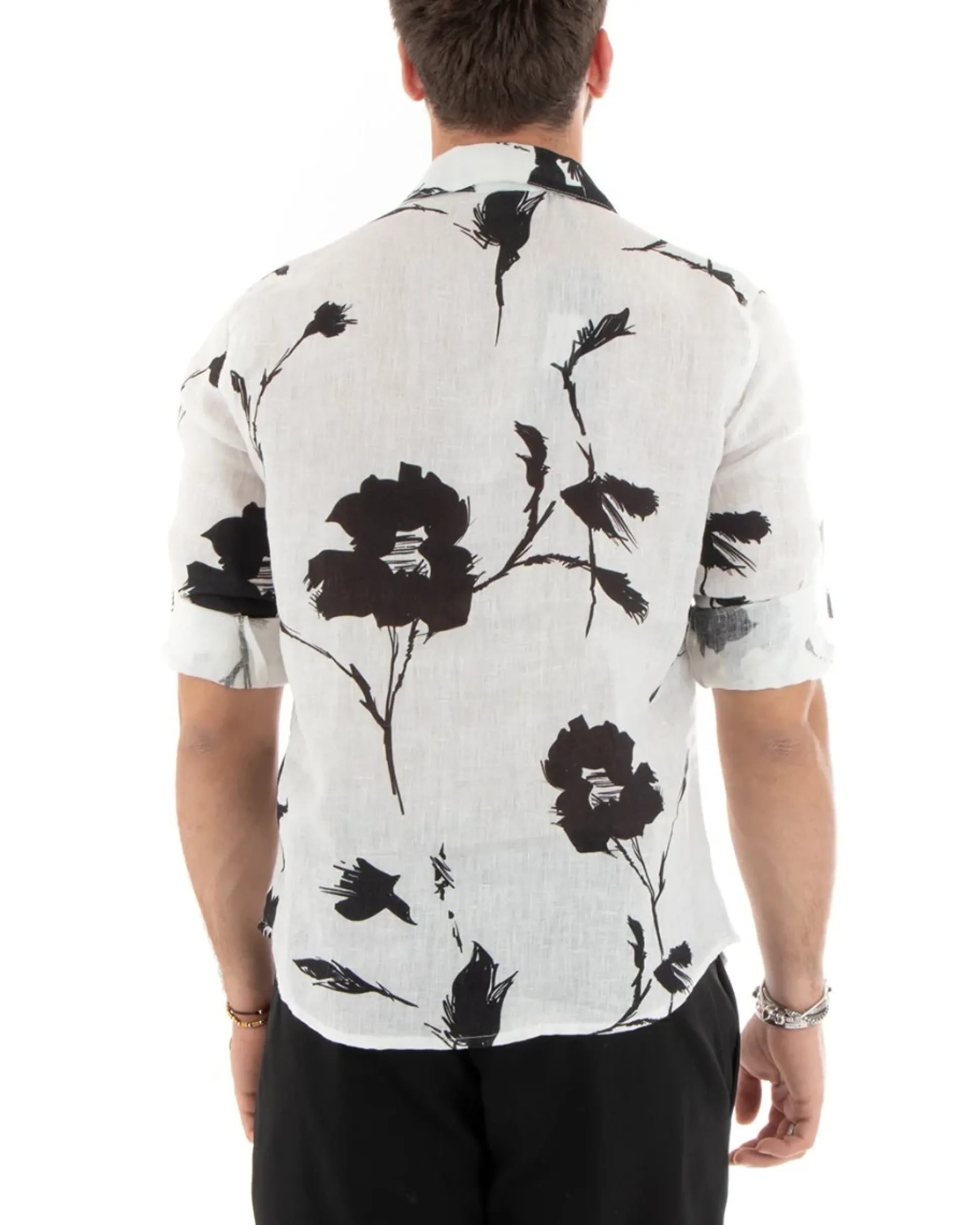 Camicia Uomo Con Colletto Manica Lunga Lino Morbida Leggera Floreale Bianco GIOSAL-C2706A