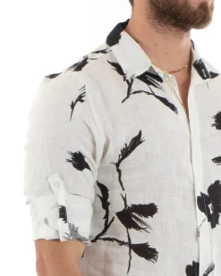 Camicia Uomo Con Colletto Manica Lunga Lino Morbida Leggera Floreale Bianco GIOSAL-C2706A