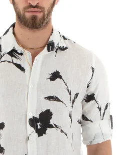 Camicia Uomo Con Colletto Manica Lunga Lino Morbida Leggera Floreale Bianco GIOSAL-C2706A