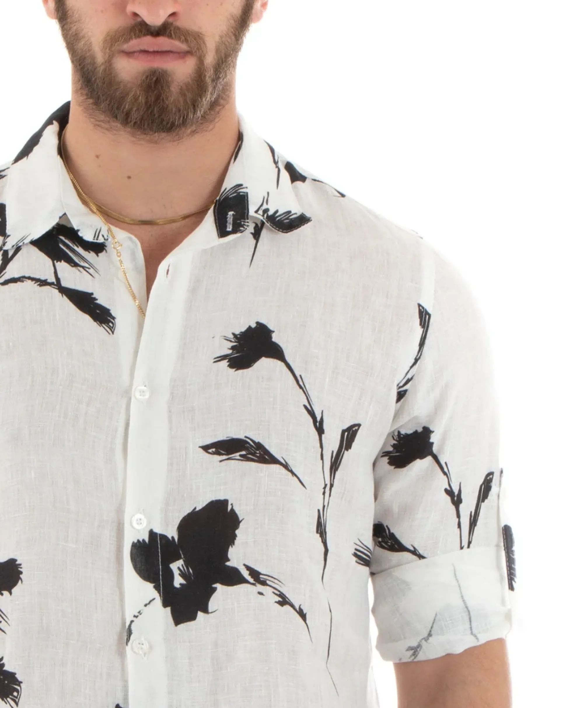 Camicia Uomo Con Colletto Manica Lunga Lino Morbida Leggera Floreale Bianco GIOSAL-C2706A