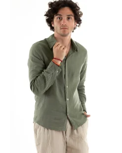 Camicia Uomo Con Colletto Slim Fit Lino Tinta Unita Maniche Lunghe Verde GIOSAL-C2897A