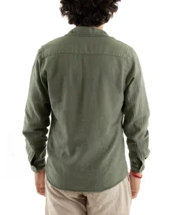 Camicia Uomo Con Colletto Slim Fit Lino Tinta Unita Maniche Lunghe Verde GIOSAL-C2897A
