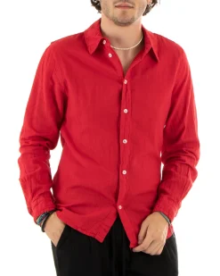 Camicia Uomo Con Colletto Slim Fit Lino Tinta Unita Maniche Lunghe Rosso GIOSAL-C2895A