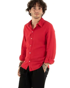 Camicia Uomo Con Colletto Slim Fit Lino Tinta Unita Maniche Lunghe Rosso GIOSAL-C2895A