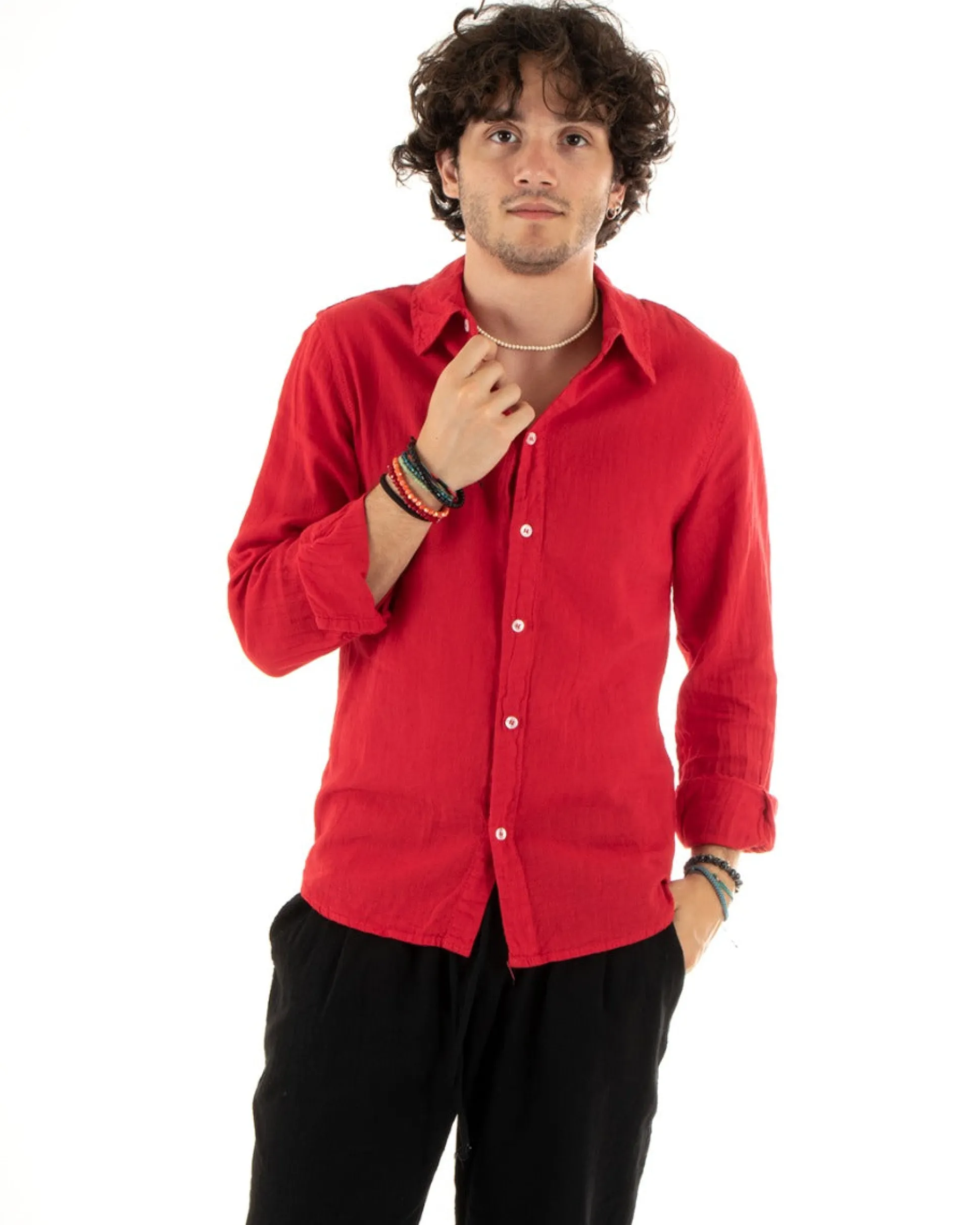 Camicia Uomo Con Colletto Slim Fit Lino Tinta Unita Maniche Lunghe Rosso GIOSAL-C2895A