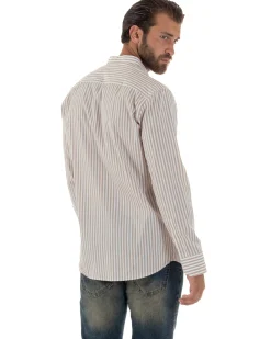 Camicia Uomo Cotone Collo Coreano Fantasia Righe Beige C3015A